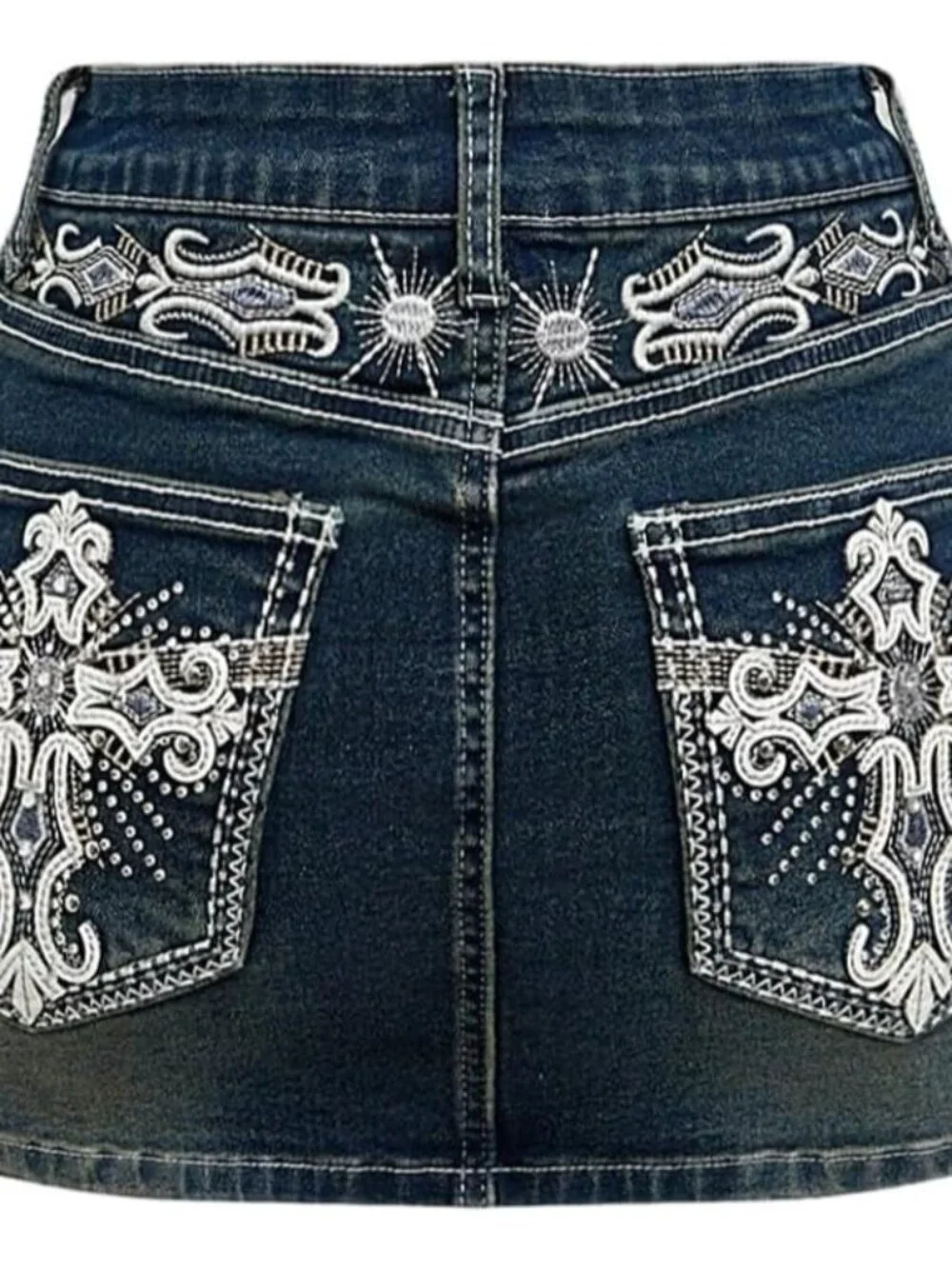 Women's Punk Goth Cross Embroidered Denim Mini Skirt Stretchy Low Rise Bodycon J